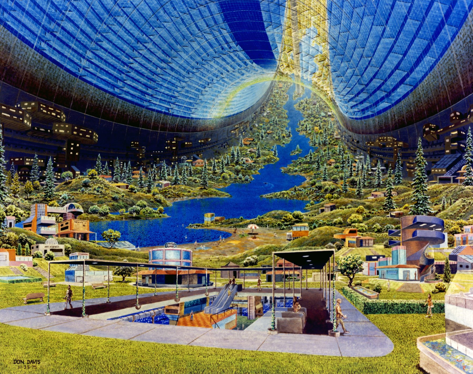 Interior de un h&aacute;bitat espacial Stanford torus &mdash; visi&oacute;n cl&aacute;sica de Don Davis para la NASA: una utop&iacute;a cibern&eacute;tica con vegetaci&oacute;n, arquitectura e ingenier&iacute;a al servicio de la vida humana